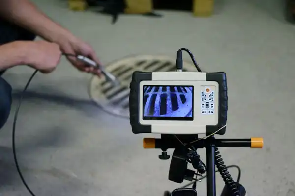 A person utilizes a video inspection camera, part of a comprehensive camera inspection service, to closely examine a drain cover. The camera screen reveals the intricate details of the drain grates.
